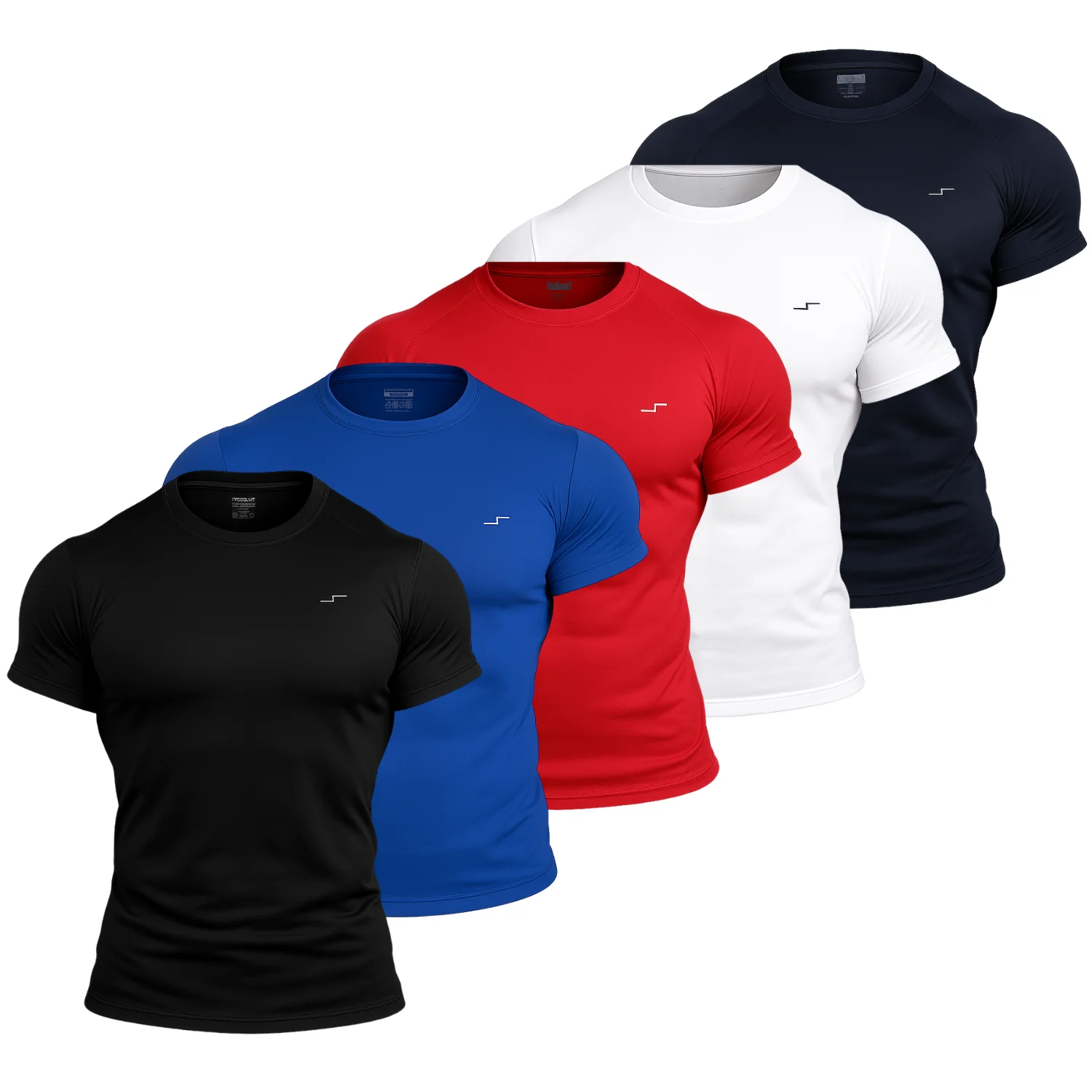 Set de playeras deportivas ajustadas de manga corta para hombre en colores negro, azul, rojo, blanco y azul marino, vista de frente para e-commerce
